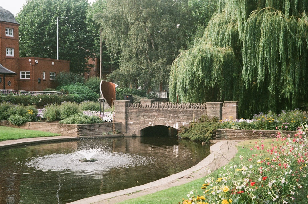 a pond in a park with a bridge over it