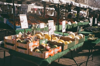 Stalls at a market display a variety of fresh fruits, including melons, mangoes, and bananas. The fruits are neatly organized in boxes, with signs displaying the names and prices of the produce. The scene is set under a canopy, and the sunlight casts shadows on the grounds, creating a vibrant and lively atmosphere.