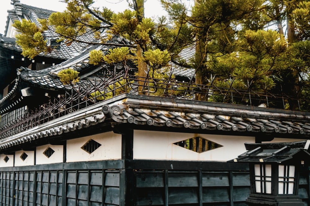 a black and white building with trees in the background