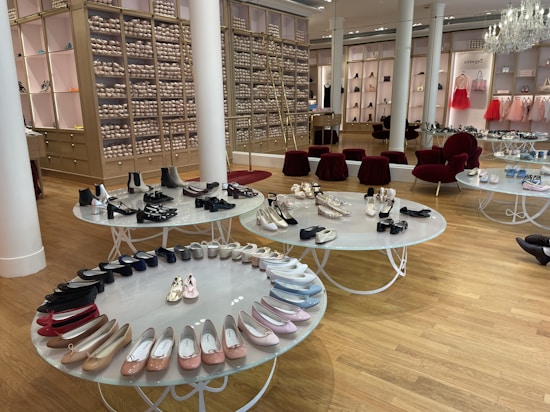 A chic showroom with stylish furniture and elegant displays of women's footwear, featuring flats, sandals, and boots. The wooden flooring and luxurious red chairs create a sophisticated ambiance, with a chandelier adding a touch of elegance. Shelves in the background appear to store stacked ballet shoes.