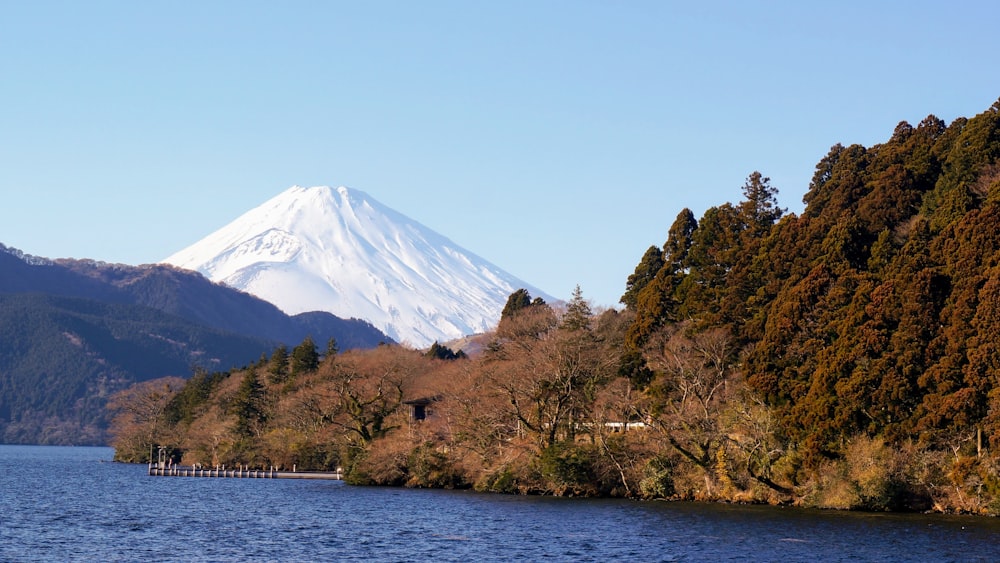 a snow covered mountain towering over a body of water