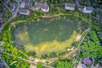 An aerial view of a large, oval-shaped pond surrounded by greenery and a mix of residential buildings. Pathways encircle the pond, and trees densely populate the surrounding areas. The pond water is murky with patches of algae. Several buildings and roads border the pond on one side.