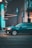 A dark teal SUV is in motion on a city street at night. The background is blurred, suggesting speed, with bright teal and orange lights reflecting off the vehicle. The road appears empty, with an urban environment featuring buildings and streetlights.