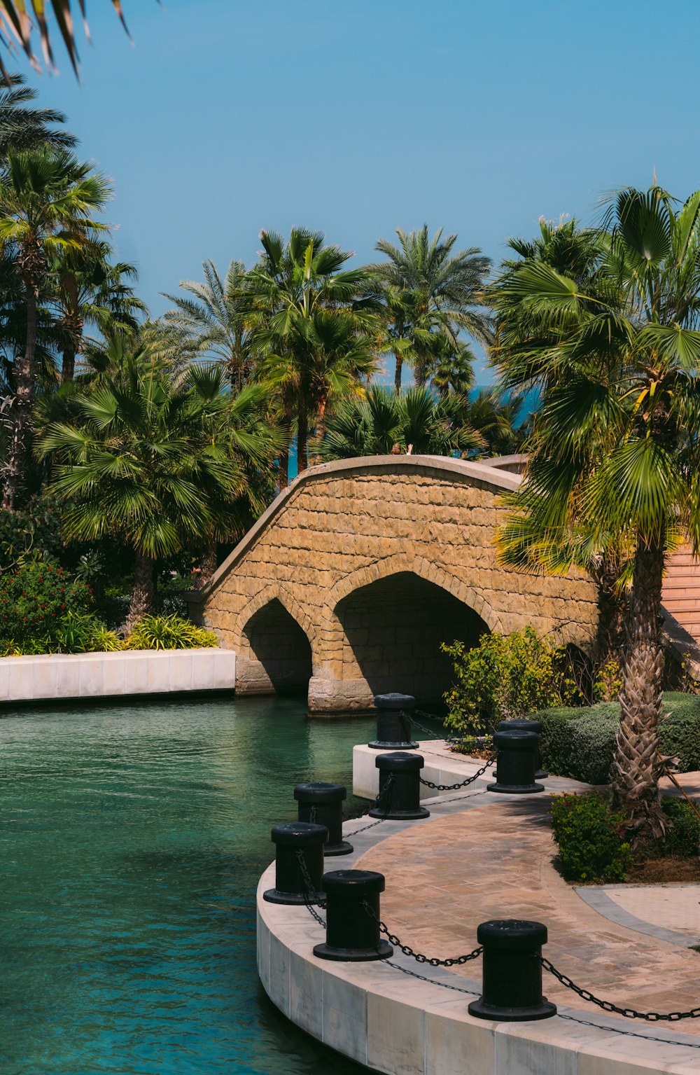 a bridge over a body of water surrounded by palm trees