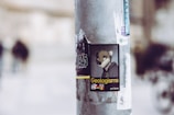 A street pole with weathered posters, including a prominent one featuring a cartoon anthropomorphic animal character wearing a hoodie. The poster contains the word 'Geologisms' along with flags of different countries. The background is blurred, showing some indistinct shapes and colors.