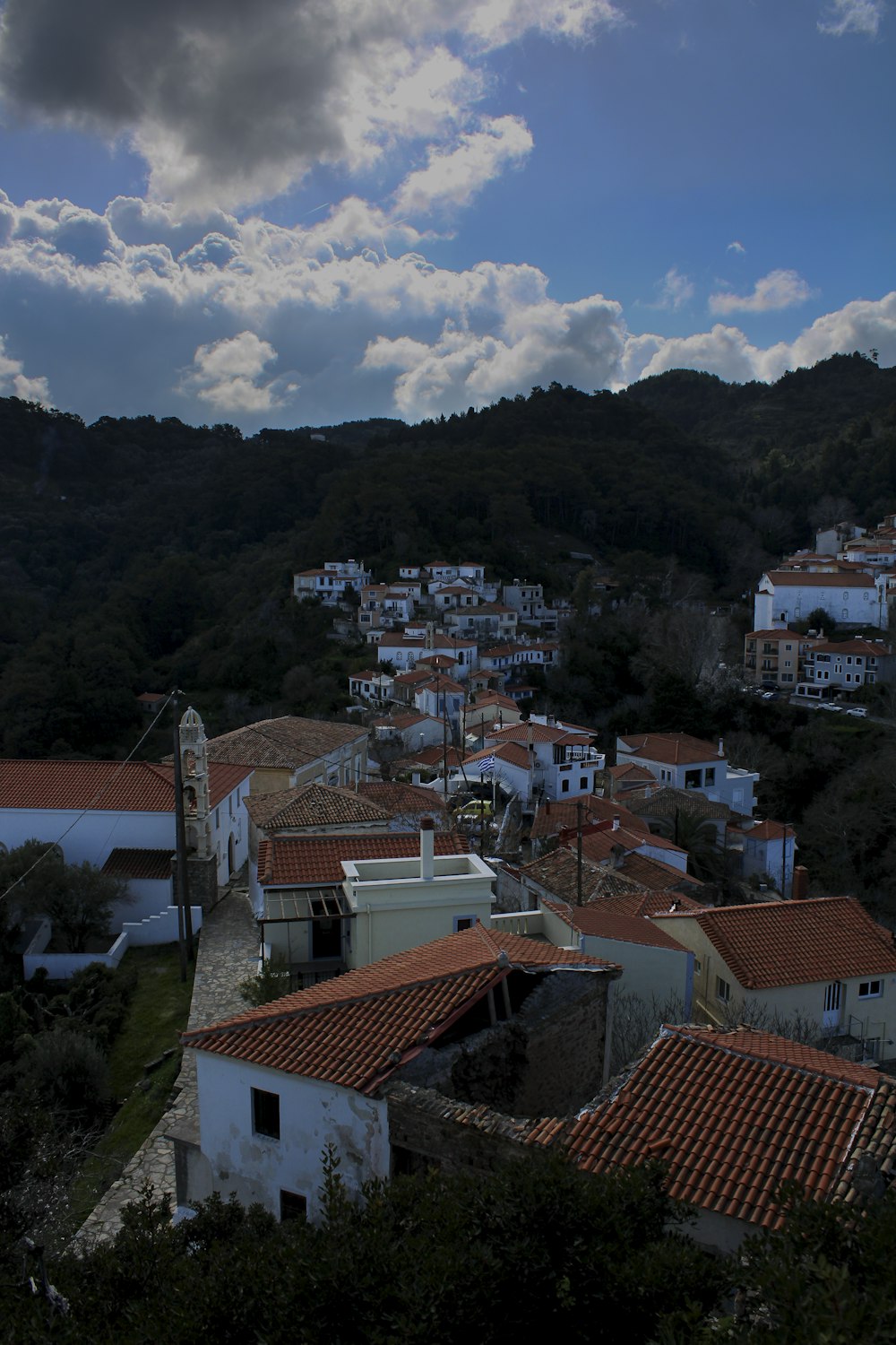 a view of a town with a mountain in the background