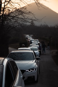 a line of cars parked on the side of a road