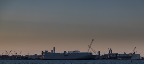 A large industrial shipyard with cranes and a massive shipping vessel is seen against the backdrop of a dim, overcast sky. The ship is anchored near structures and buildings that form part of the dockyard. The scene is set in twilight, with limited lighting affecting visibility and highlights.