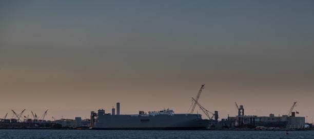 A large industrial shipyard with cranes and a massive shipping vessel is seen against the backdrop of a dim, overcast sky. The ship is anchored near structures and buildings that form part of the dockyard. The scene is set in twilight, with limited lighting affecting visibility and highlights.
