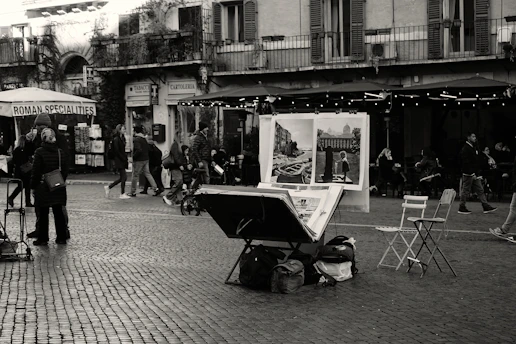 A close-up of a European cityscape with diverse professionals discussing licensing agreements outdoors.