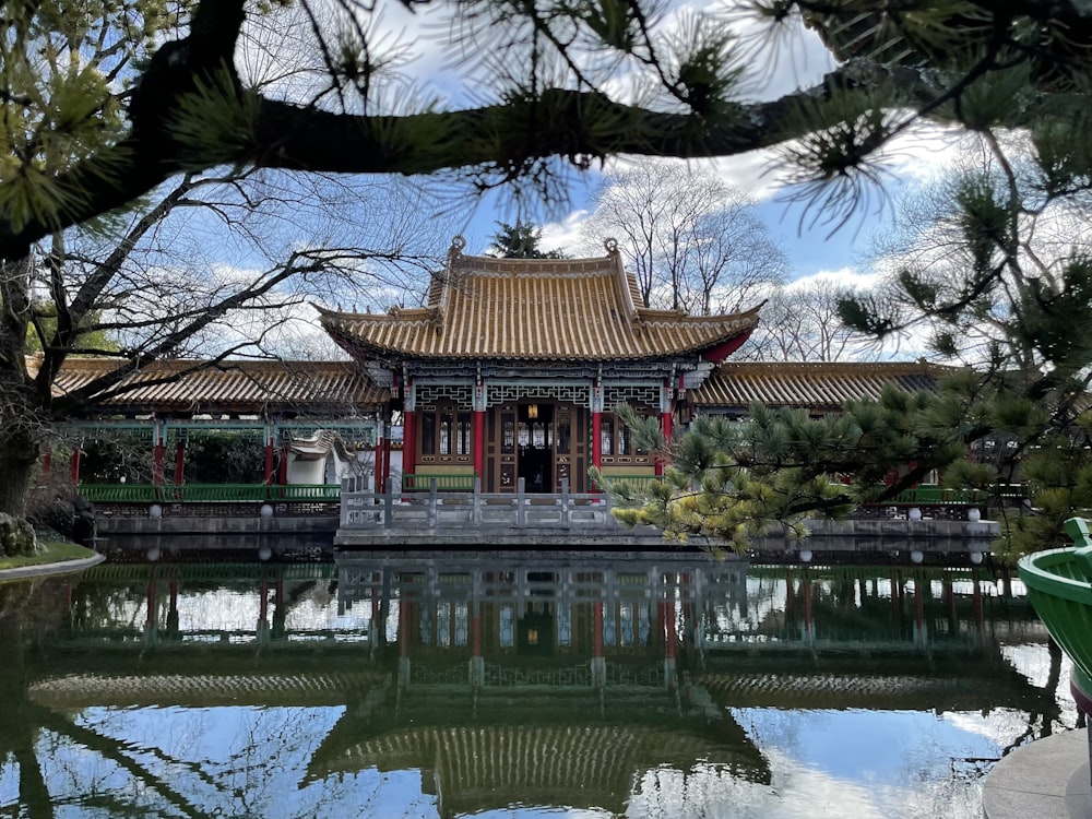 a building with a pond in front of it