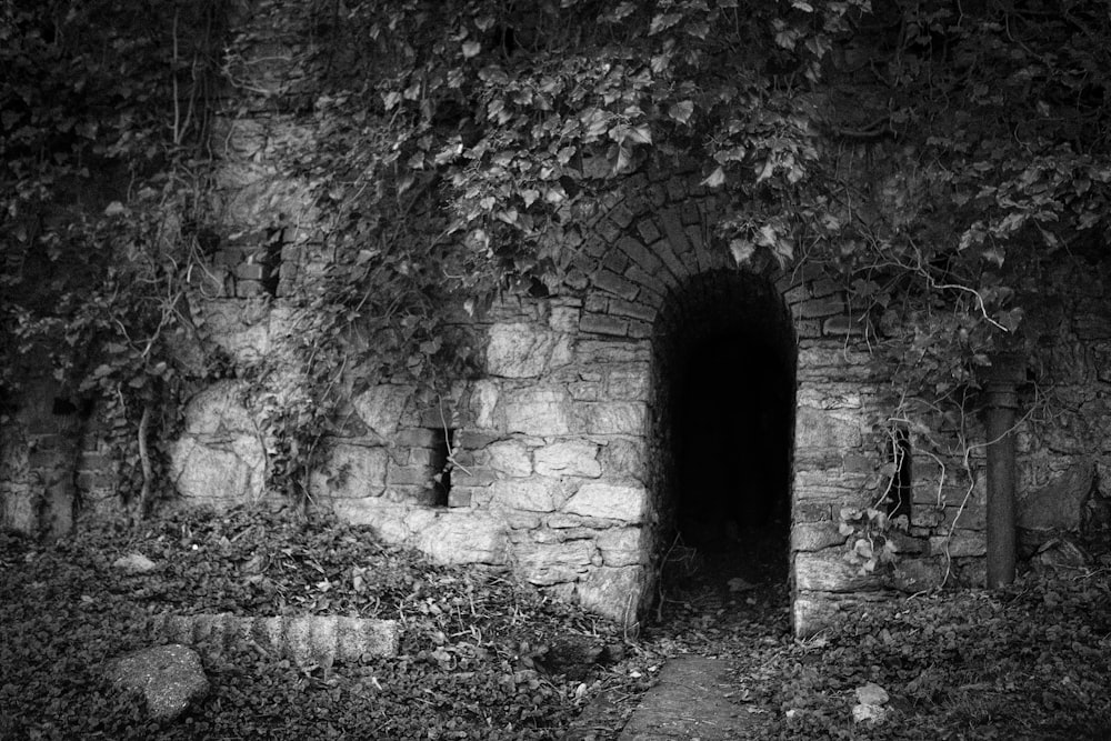 a black and white photo of a tunnel in a stone wall