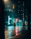 a couple of people walking across a street at night