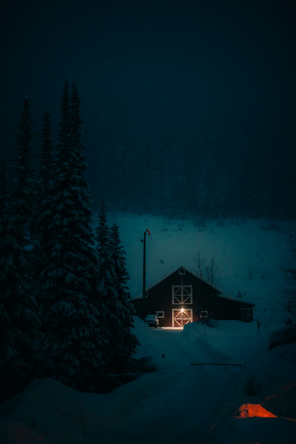 a cabin in the middle of a snowy forest at night