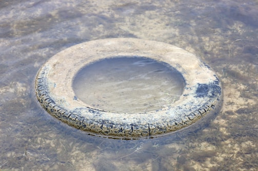 A worn-out tire is partially submerged in murky water, surrounded by some aquatic plants. The surface of the tire appears rough and weathered, with visible marks and patches.