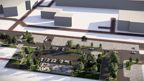 An aerial view of a smart parking lot with automated guidance lights and sensors directing vehicles efficiently.