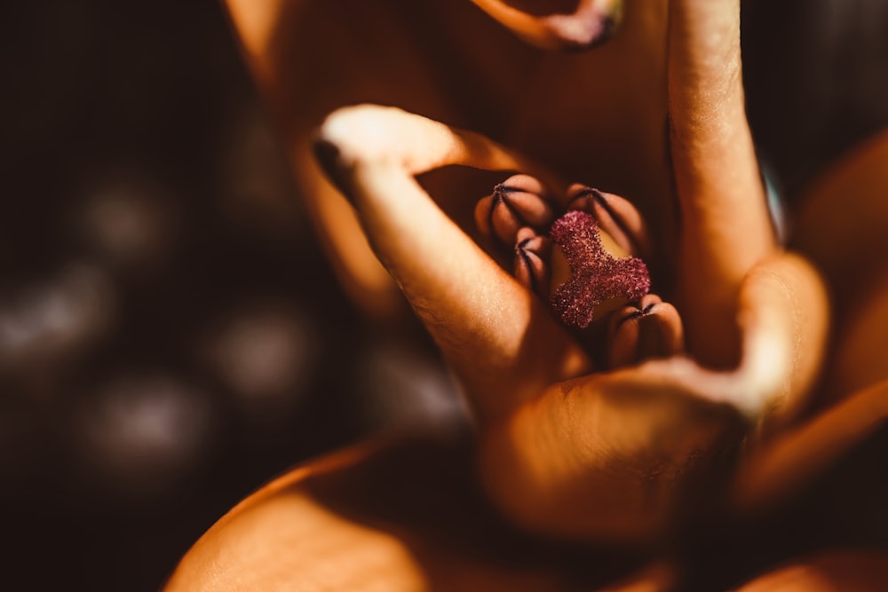 a close up of a person's hands holding a flower