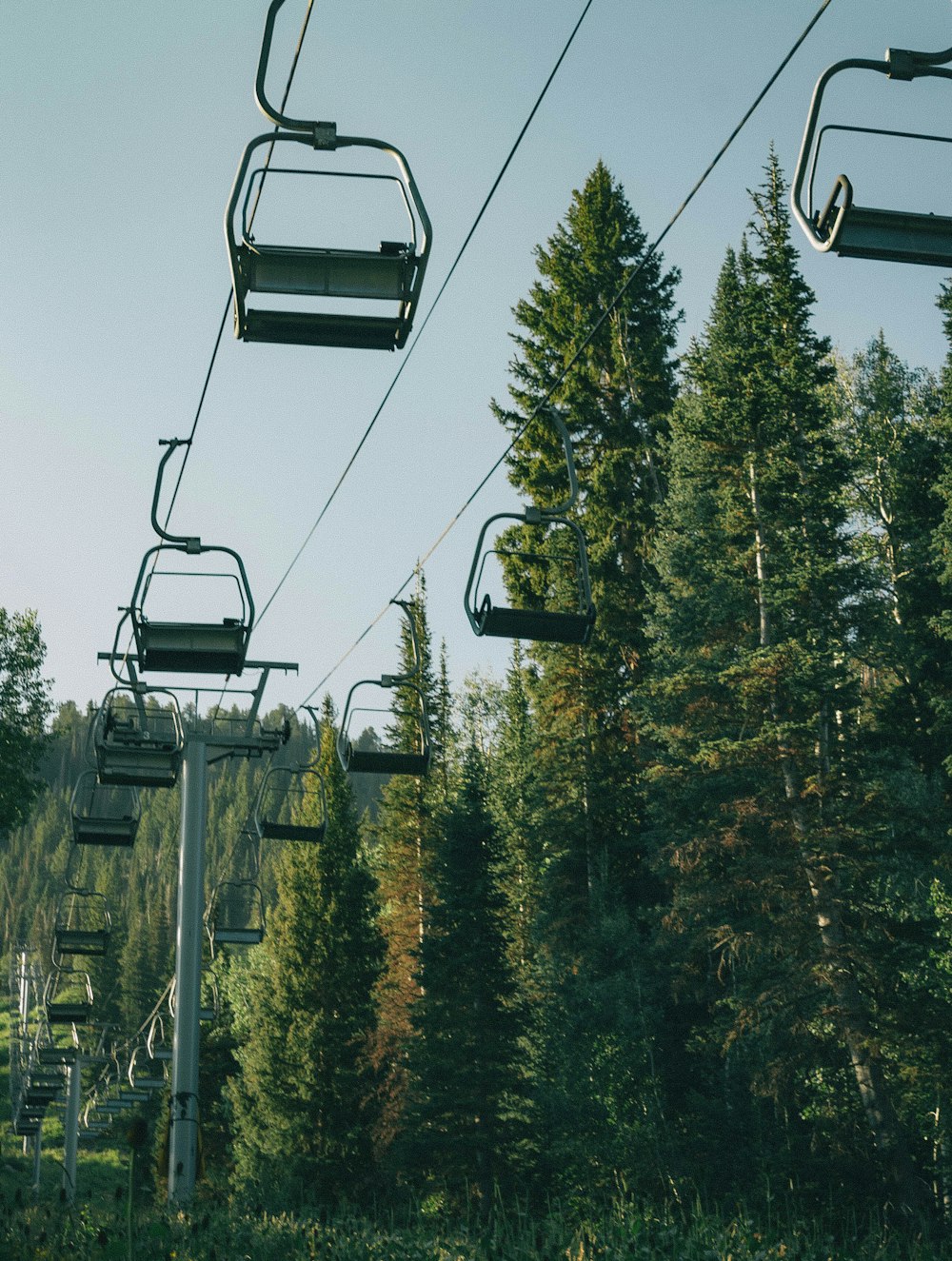 a group of people riding a ski lift over a forest