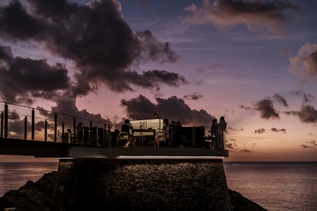 Guests relaxing on a terrace overlooking the sea during sunset.