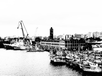 A bustling industrial port area with several ships docked along the water. Cranes tower over the ships, loading or unloading cargo. In the background, a dense urban skyline with numerous high-rise buildings provides a stark contrast to the busy port activity.