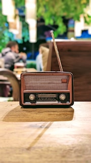 An antique radio with a brown and black casing, positioned on a wooden table. In the background, blurred figures of people and greenery provide a cozy, vintage ambiance.
