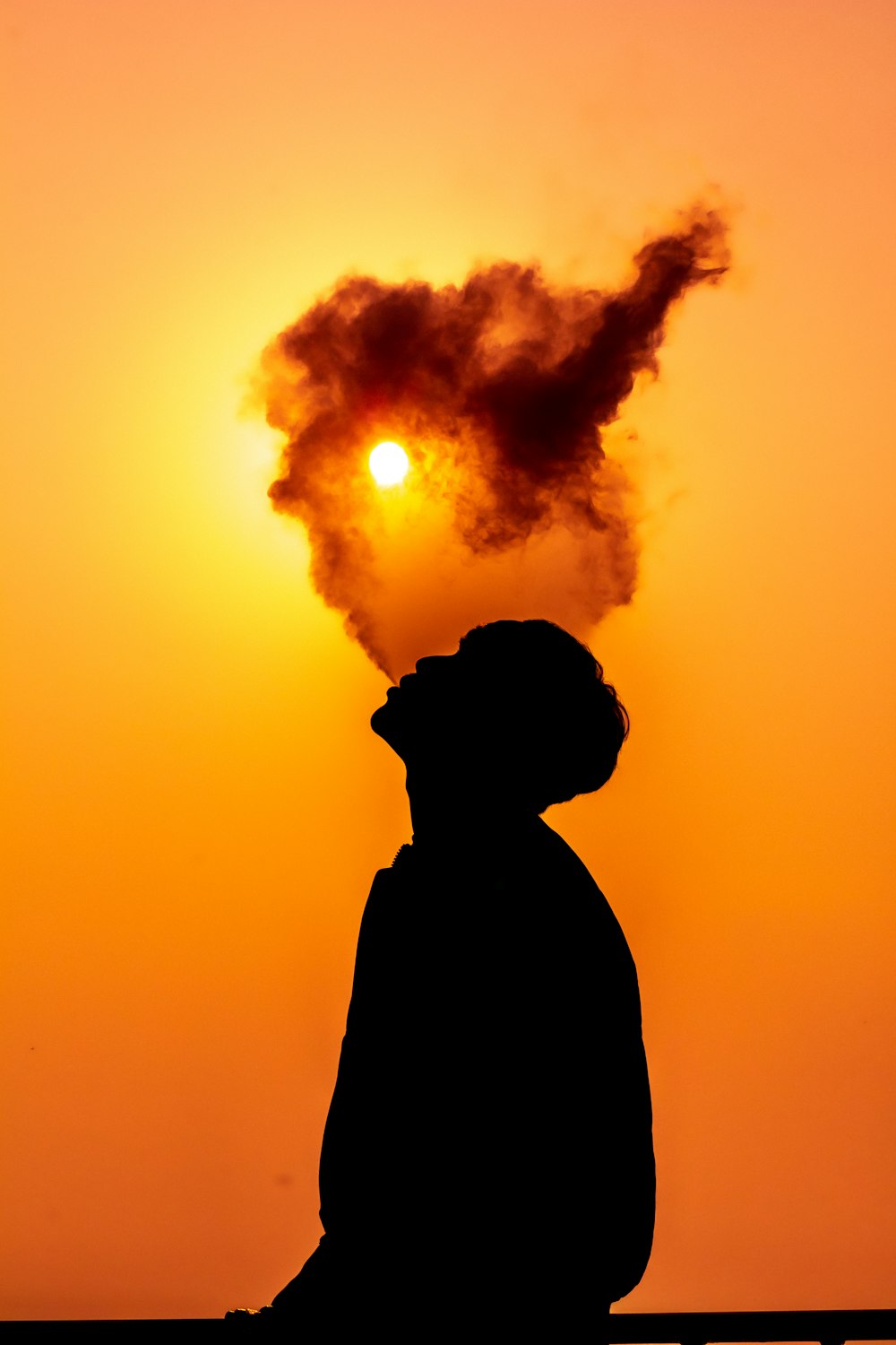 a man standing in front of a sunset with a smoke stack