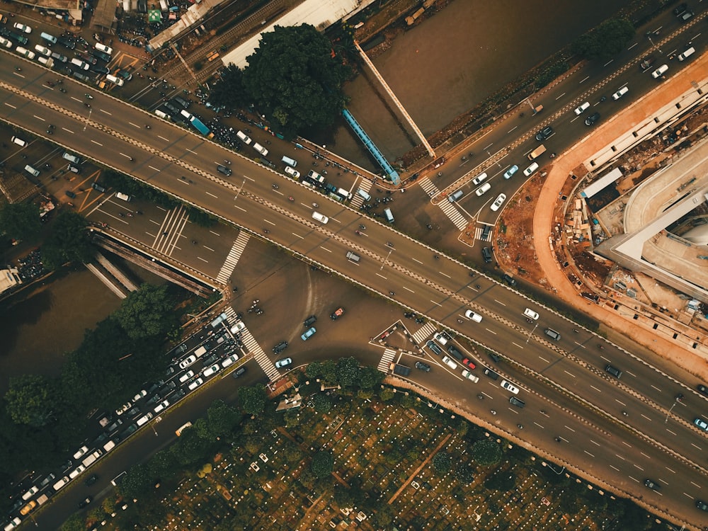 an aerial view of a busy city intersection