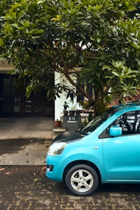 A turquoise car is parked on a cobblestone driveway, partially shaded by a large leafy tree. The backdrop includes the entrance of a building with a tiled path leading to it, and a small pillar displaying the address 'B-14'.