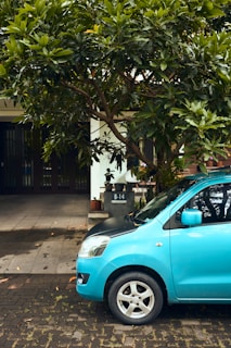 A turquoise car is parked on a cobblestone driveway, partially shaded by a large leafy tree. The backdrop includes the entrance of a building with a tiled path leading to it, and a small pillar displaying the address 'B-14'.