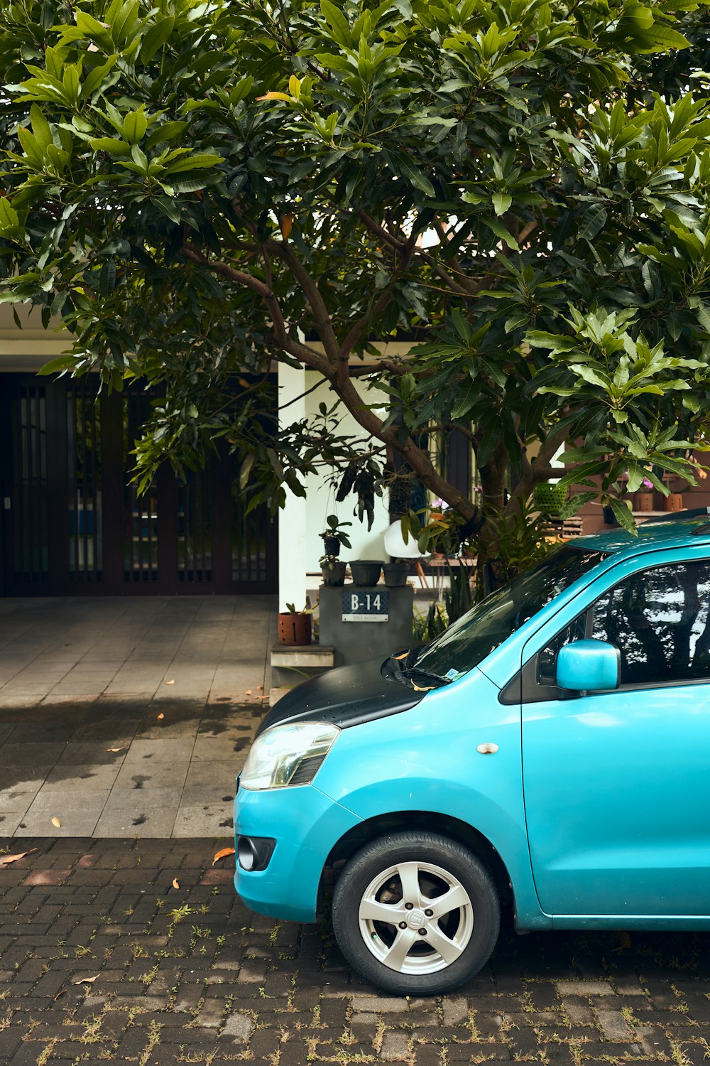 a small blue car parked in front of a tree