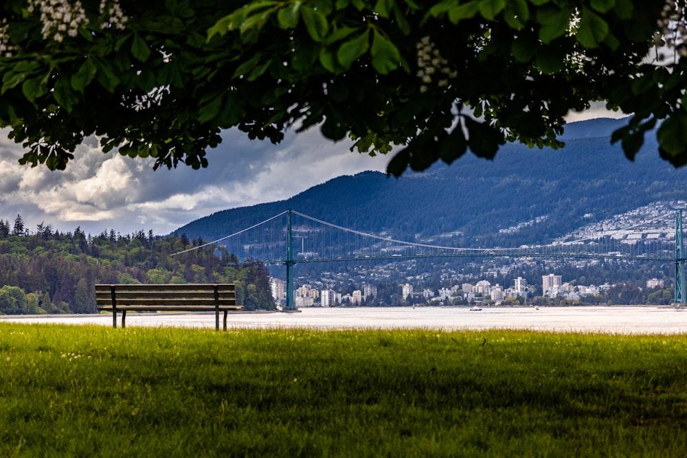 a park bench sitting on top of a lush green field