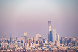 A panoramic cityscape featuring a skyline with numerous high-rise buildings and skyscrapers. The tallest building is a modern, sleek tower dominating the view, surrounded by other structures of varying architectural styles. The scene is set under a clear sky with a subtle gradient transitioning from blue to pink.