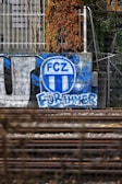 Graffiti art on a concrete wall features a blue and white FCZ logo above the German words 'Für Immer'. The wall is located alongside train tracks, with a partially dried climbing plant in the background. Metal fencing and some urban greenery surround the scene, contributing to an urban and gritty atmosphere.