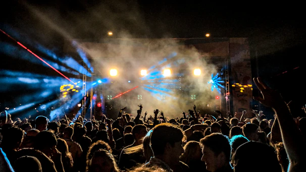 A lively crowd enjoying a nighttime live music performance with colorful stage lights illuminating the artists.