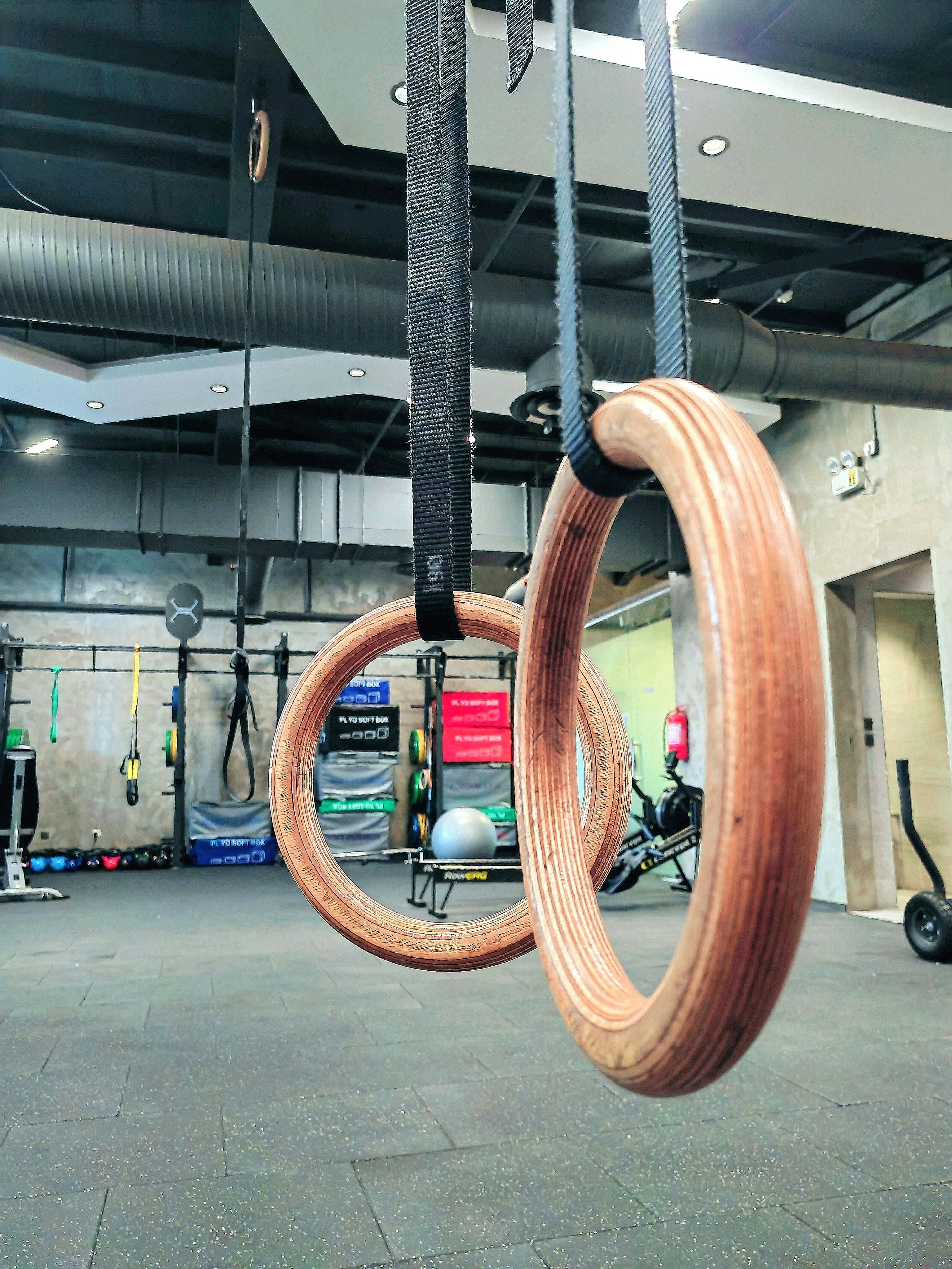 Ein Fitnessraum mit zwei Ringen, die von der Decke hängen