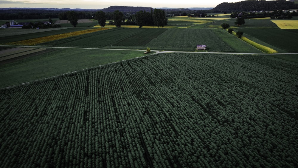 an aerial view of a field with a house in the distance