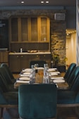 Elegant dining area with wooden table and stylish chairs.