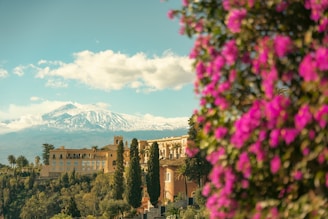A picturesque landscape featuring a snow-capped mountain in the background. In the foreground, vibrant pink bougainvillea flowers dominate the right side, contrasting with the warmth of the architecture nestled among lush greenery. Several cypress trees and palm trees add to the Mediterranean feel of the scene.