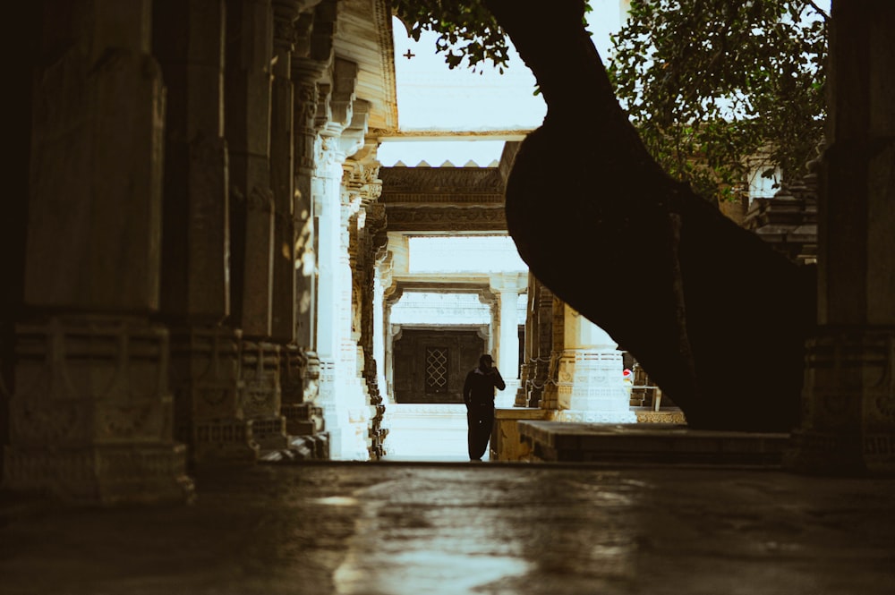 a person standing in a doorway of a building