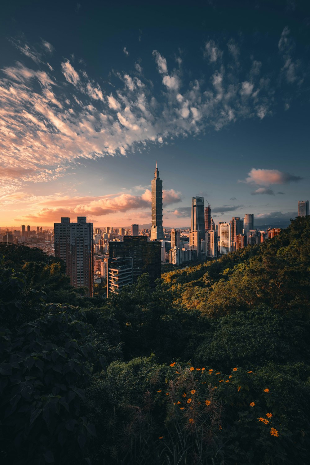 a view of a city from a hill at sunset