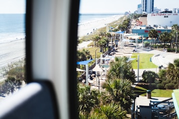 A coastal scene featuring a beach with gentle waves and sandy shores running parallel to a busy boardwalk. Palm trees line the walkway, and there are several tourists enjoying the area. Buildings and storefronts in the background include a sign indicating 'Gift Cove.' The area is bathed in bright sunlight, creating a vibrant and lively atmosphere.