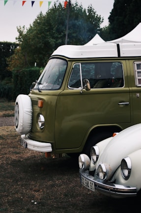 A vintage green Volkswagen van with a white top is parked next to a classic white Volkswagen Beetle. The vehicles are parked on grass with bushes and colorful flags visible in the background, suggesting a festive or outdoor event.