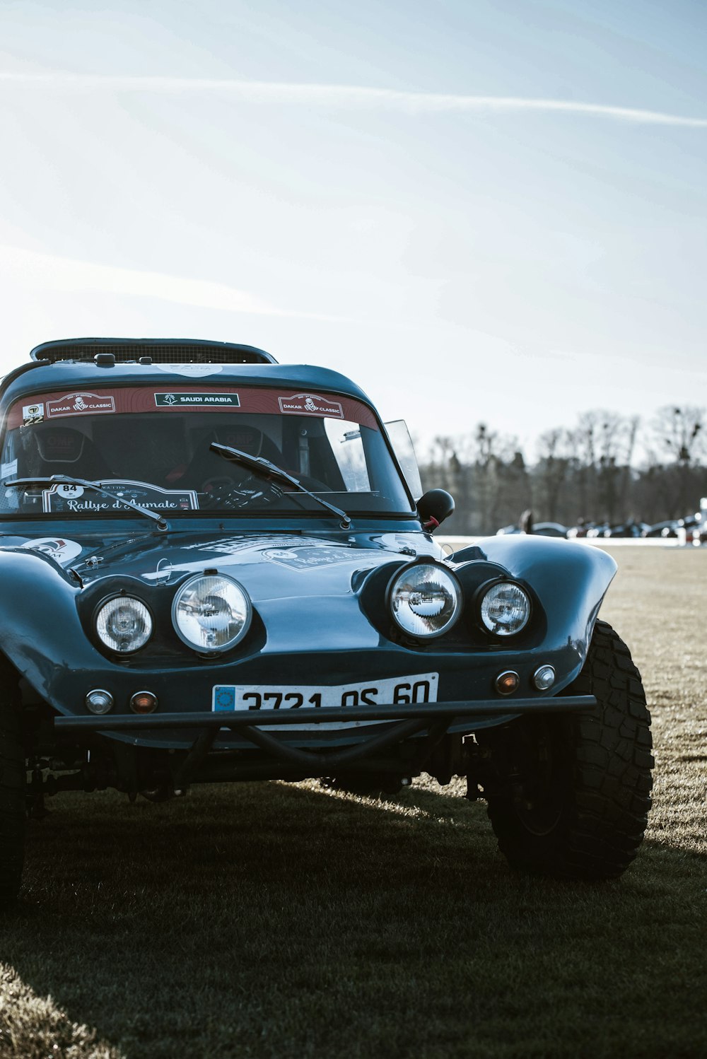 a blue car parked on top of a grass covered field