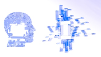A stylized silhouette of a human head made up of circuit-like patterns on the left. Beside it, abstract geometric shapes resembling interconnected circuit components, suggesting technology and artificial intelligence themes.