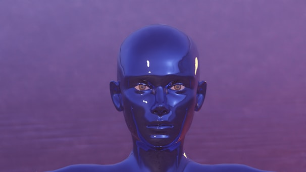 a blue mannequin with a purple background