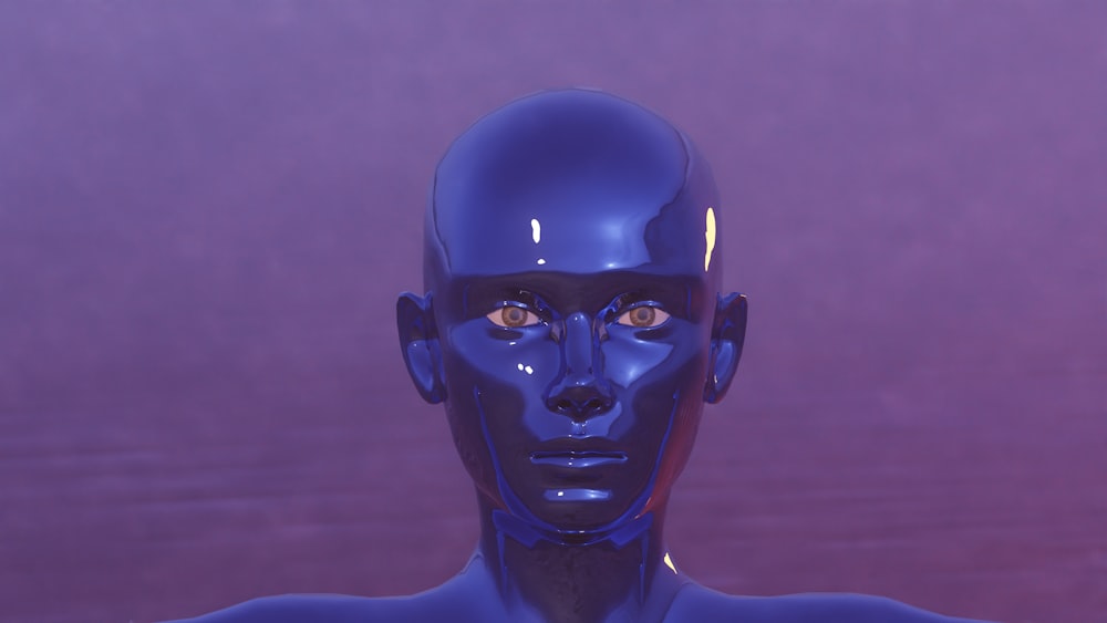 a blue mannequin with a purple background