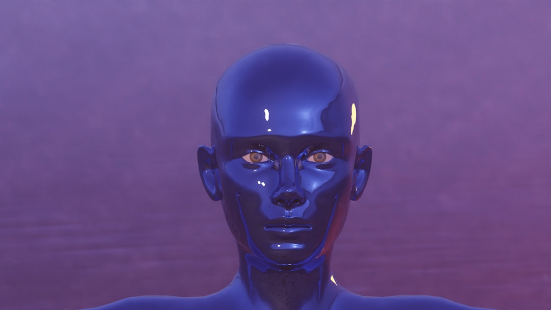 a blue mannequin with a purple background, Futuristic 3D Render