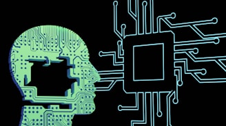A digital, abstract representation of a human head is integrated with a circuit-like design that flows into a microchip. The overall layout suggests a fusion of technology and human elements, with intricate line patterns representing circuits.