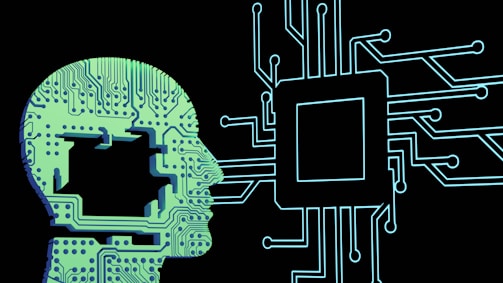 A digital, abstract representation of a human head is integrated with a circuit-like design that flows into a microchip. The overall layout suggests a fusion of technology and human elements, with intricate line patterns representing circuits.