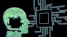 A digital, abstract representation of a human head is integrated with a circuit-like design that flows into a microchip. The overall layout suggests a fusion of technology and human elements, with intricate line patterns representing circuits.